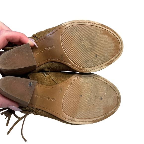 Lucky Brand Tan Suede Open Toe Heeled Shoes Size 7 - Picture 7 of 12